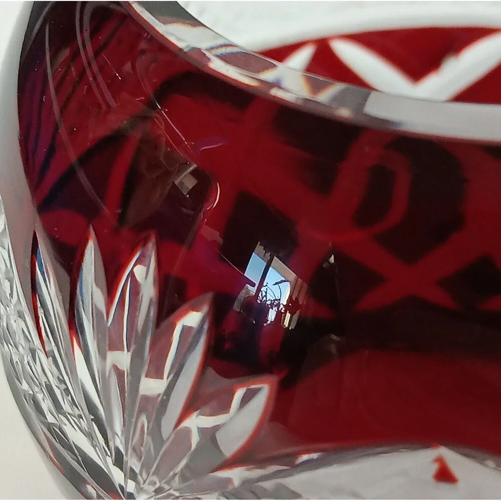 Crystal Ruby Red Cut To Clear Vase Bowl Candle Holder Cut Glass Bohemian READ